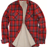 kkboxly  Men's Warm Fleece Plaid Shirt Coat, Casual Retro Lapel Button Up Chest Pocket Jacket For Fall Winter