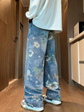 Men's Floral Print Denim Trousers With Pockets, Causal Breathable Cotton Blend Straight Leg Jeans For Outdoor Activities