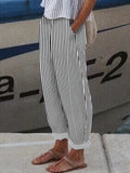 Striped Print Pants, Casual Wide Leg Elastic Waist Pants With Pockets, Women's Clothing