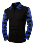 kkboxly  Retro Plaid Shirt, Men's Casual V-Neck Pullover Long Sleeve Rugby Shirt For Winter Fall, Men's Clothing