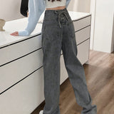 kkboxly  Lace Up Back High Waist Straight Jeans, Y2k Washed Loose Wide Leg Denim Pants, Women's Denim Jeans & Clothing