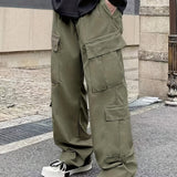 kkboxly  Trendy Solid Cargo Pants, Men's Multi Flap Pocket Trousers, Loose Casual Outdoor Pants, Men's Work Pants Outdoors Streetwear Hip Hop Style