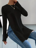 Versatile Split Hem Long T-Shirt, Casual Long Sleeve Crew Neck T-Shirt For Spring & Fall, Women's Clothing