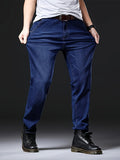 Plus Size Stretch Jeans, Men's Loose Straight Leg Denim Trousers