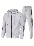 kkboxly  Stripe Design, Men's 2pcs, Long Sleeve Zip Up Hoodie And Drawstring Jogger Pants For Running, Athletics