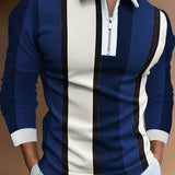 kkboxly  Men's Color Block Stripe Long Sleeve Zip Polo Shirt, Men's Clothing