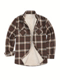 kkboxly  Men's Warm Fleece Plaid Shirt Coat, Casual Retro Lapel Button Up Chest Pocket Jacket For Fall Winter