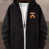 kkboxly  Cartoon Bear Pattern Zip Up Hoodie, Men's Casual Stretch Hooded Sweatshirt Jacket, Men's Sportswear