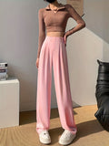 kkboxly  Solid High Waist Pants, Casual Wide Leg Button Pants, Women's Clothing