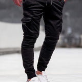 kkboxly  Solid Multi Flap Pockets Men's Drawstring Cargo Pants, Slim Fit Elastic Casual Outdoor Pants, Men's Work Pants