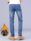 kkboxly  Warm Fleece Straight Leg Jeans For Business, Men's Semi-formal Denim Pants For Fall Winter