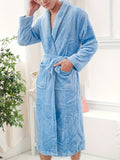 kkboxly Men's Comfy Solid Fleece Robe Home Pajamas Wear With Pocket One-piece Lace Up Kimono Night-robe Warm Sets After Bath