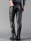 kkboxly  Men's Chic PU Pants, Casual Slim Fit Medium Stretch Faux Leather Biker Pants For Spring Fall