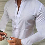 kkboxly  Trendy Men's Casual Solid Long Sleeve Shirt With Mandarin Collar Design, Men's Shirt For Summer, Tops For Men, Gift For Men