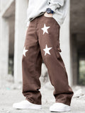 kkboxly  Star Print Loose Fit Jeans, Men's Casual Street Style Cotton Wide Leg Pants