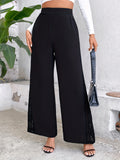 kkboxly  Solid Color Wide Leg Pants, Elegant Contrast Lace Loose Pants For Every Day, Women's Clothing