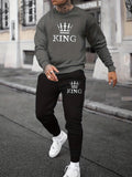 kkboxly  KING Print, Men's 2Pcs Outfits, Casual Crew Neck Long Sleeve Pullover Sweatshirt And Drawstring Sweatpants Joggers Set For Spring Fall, Men's Clothing