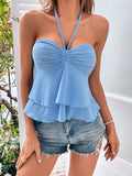 kkboxly  Ruched Ruffle Hem Halter Top, Casual Summer Sleeveless Top, Women's Clothing