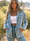 Blue Closure Button Denim Coats, Ripped Long Sleeve Distressed Flap Pockets Denim Jackets, Women's Denim Clothing