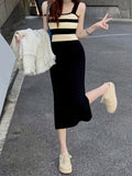 kkboxly  Color Block Sleeveless Knit Dress, Chic Split Hem Slim Strap Dress, Women's Clothing