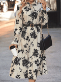 kkboxly  Floral Print Tie Front Dress, Elegant Cinched Waist Long Sleeve Dress, Women's Clothing