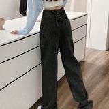 kkboxly  Lace Up Back High Waist Straight Jeans, Y2k Washed Loose Wide Leg Denim Pants, Women's Denim Jeans & Clothing