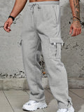 kkboxly  Solid Loose Men's Casual Multi-pocket Cargo Pants With Drawstring For Outdoor, Men's Work Wear