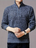 Men's Trendy Knitted Pullover, Casual Mid Stretch Breathable Zip Up Long Sleeve Sweater For Outdoor Fall Winter