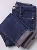 kkboxly  Warm Fleece Straight Leg Jeans For Business, Men's Semi-formal Denim Pants For Fall Winter