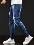 kkboxly  Slim Fit Ripped Jeans, Men's Casual Street Style Distressed Medium Stretch Denim Pants