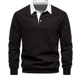 kkboxly Cotton Blend Retro Color Block Men's Casual Pullover Long Sleeve Lapel Shirt For Spring Fall, Men's Clothing