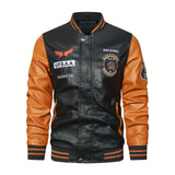 kkboxly  Men's Casual Pockets "R" Print Zipper Long Sleeves Baseball Collar PULeather Jacket