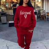 kkboxly Blessed Letter Print Casual Two-piece Set, Crew Neck Long Sleeve Tops & Drawstring Jogger Pants Outfits, Women's Clothing