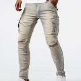 kkboxly  Slim Fit Cargo Jeans, Men's Casual Street Style Multi Pocket High Stretch Denim Pants For Spring Summer