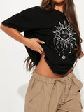 kkboxly  Oversized Sun & Moon Print T-Shirt, Casual Drop Shoulder Crew Neck Top For Spring & Summer, Women's Clothing