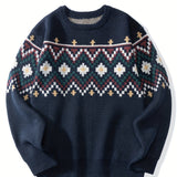 Plus Size Men's Fashion Argyle Sweater For Spring/autumn/winter, Long-sleeved Knit Pullover Sweater