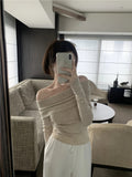 kkboxly  Solid Off Shoulder Knitted Top, Y2K Long Sleeve Slim Sweater For Spring & Fall, Women's Clothing