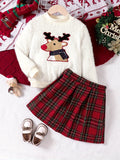 Girls' Festive Christmas Outfit: Cozy Reindeer Embroidered Plush Top & Red Plaid Skirt Set - Perfect for Fall/Winter