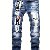 kkboxly  Patch Splatter Ripped Jeans, Men's Casual Street Style Distressed Slim Fit High Stretch Denim Pants For Spring Summer