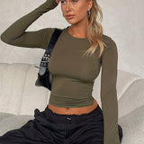 kkboxly  Solid Slim Crew Neck T-Shirt, Casual Long Sleeve Top For Spring & Fall, Women's Clothing