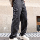 kkboxly  Loose Fit Flap Pocket Jeans, Men's Causal Street Style Cargo Jeans For All Seasons