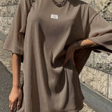 Oversized Drop Shoulder Ribbed T-Shirt, Casual Crew Neck Short Sleeve T-Shirt For Spring & Summer, Women's Clothing