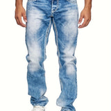 kkboxly  Men's Casual Slim Fit Stretch Jeans, Chic Street Style Distressed Denim Pants