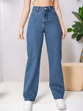 Blue Loose Fit Straight Jeans, High Waist Non-Stretch Slash Pockets Denim Pants, Women's Denim Jeans & Clothing