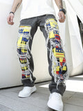 kkboxly  Loose Fit Patchwork Jeans, Men's Casual Street Style Wide Leg Pants With Creative Tassels