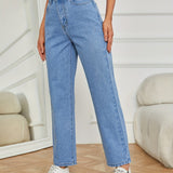 Light Blue Casual Straight Jeans, Non-Stretch Loose Fit Slash Pockets Denim Pants, Women's Denim Jeans & Clothing