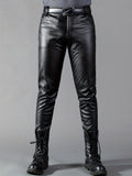 kkboxly  Men's Chic PU Pants, Casual Slim Fit Medium Stretch Faux Leather Biker Pants For Spring Fall