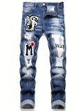 kkboxly  Patch Splatter Ripped Jeans, Men's Casual Street Style Distressed Slim Fit High Stretch Denim Pants For Spring Summer