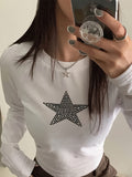 Star Rhinestone Crew Neck Crop Tee, Y2K Long Sleeve T-Shirt For Spring & Fall, Women's Clothing