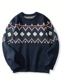 Plus Size Men's Fashion Argyle Sweater For Spring/autumn/winter, Long-sleeved Knit Pullover Sweater